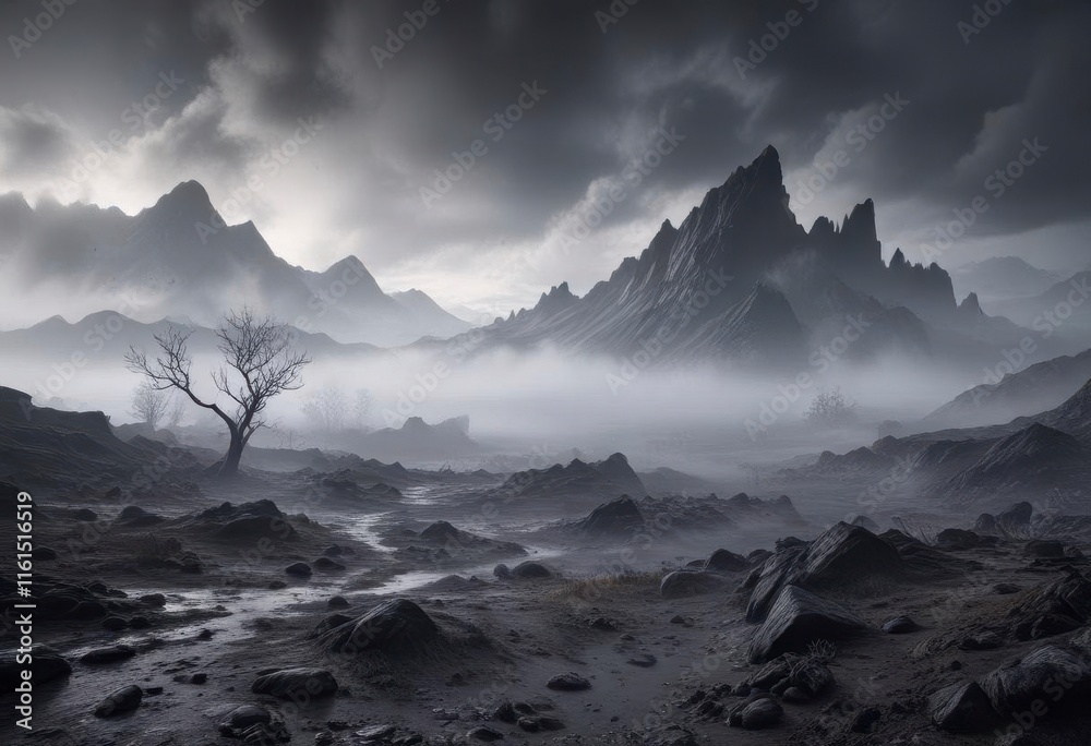 Fototapeta premium Mysterious fog rises from a desolate, dark landscape , abstract watercolor, dark land