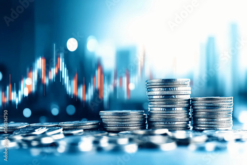 Stock Market Trading : Digital Graph, Stock Chart - Stacks of coins and a graph chart depicting stock market growth on a blue background,