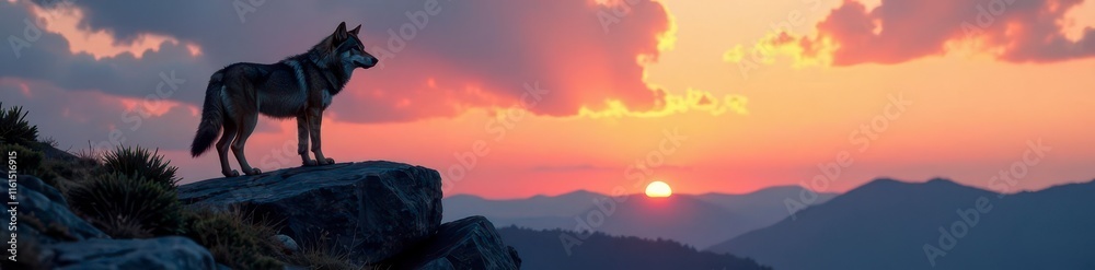 A lone wolf stands atop a rocky hill at dusk, wilderness, wildlife A lone wolf stands atop a rocky hill at dusk, wilderness, wildlife