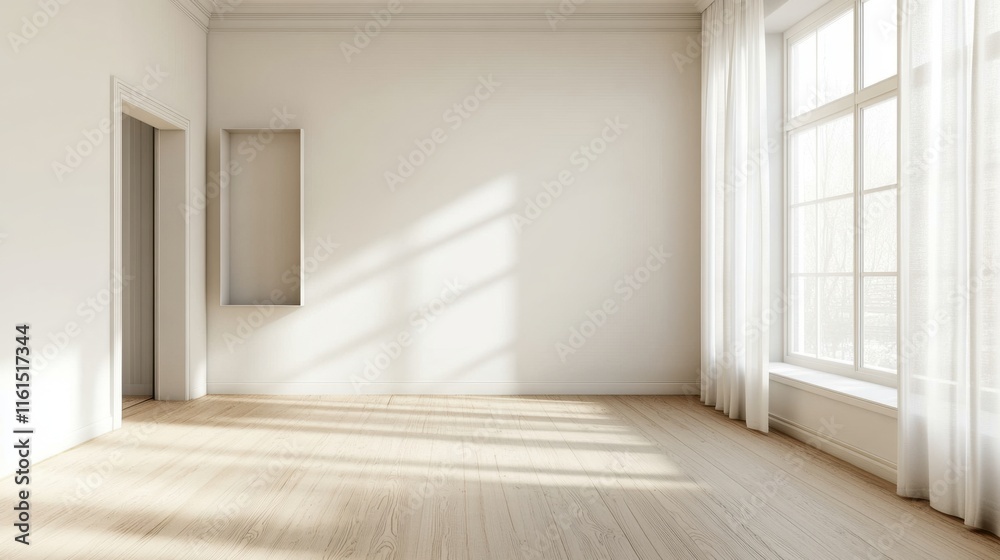 Obraz premium A large empty room with a white door and white curtains. The room is very clean and has a lot of natural light coming in through the windows
