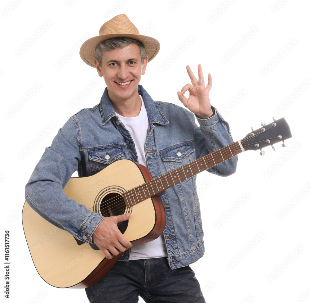 Happy man with guitar showing okay gesture on white background Happy man with guitar showing okay gesture on white background