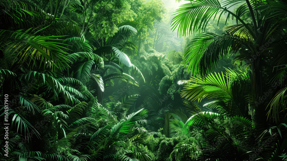 Lush green jungle with many leaves and plants.