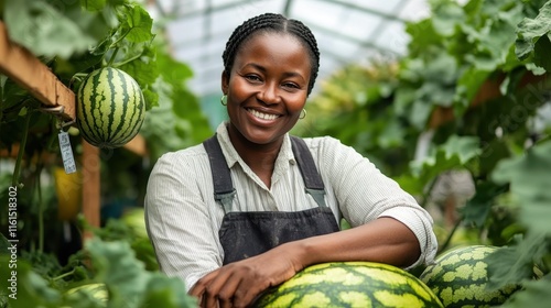 Portrait of of owner african american woman business farmer check quality product, agriculture, healthy, fruit, watermelon in greenhouse melon organic farm