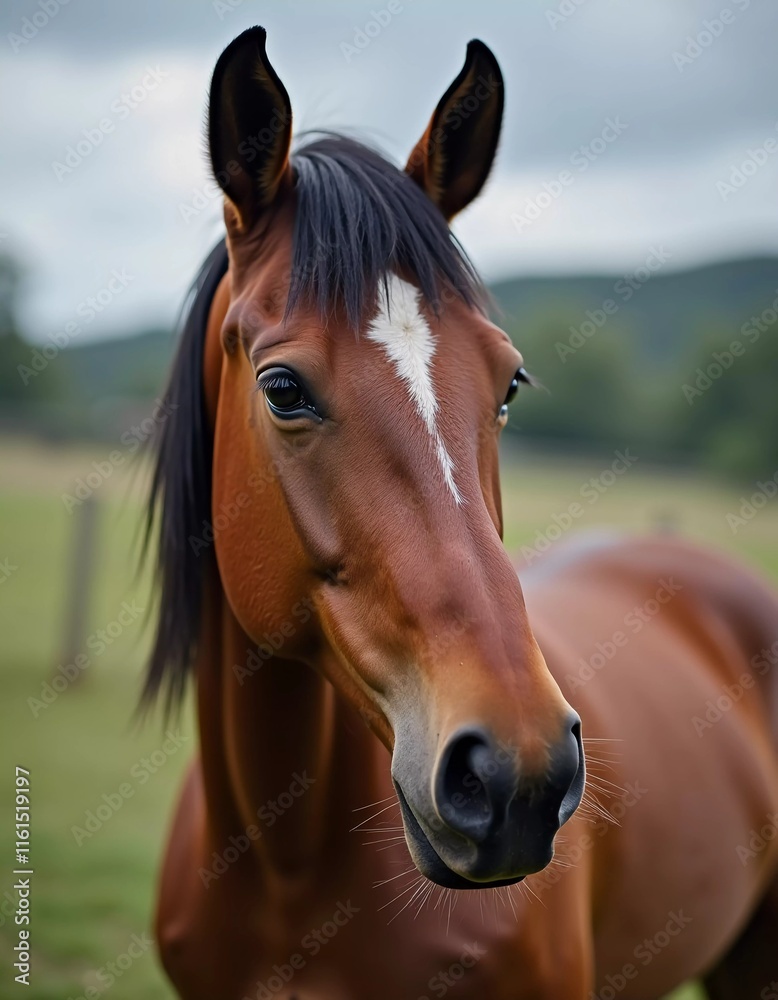 Fototapeta premium Brown horse stands gracefully in open field, its expressive eyes reflecting soft light, creating serene atmosphere in landscape. Horses Equus, genus of Equidae of order Perissodactyls. Generative AI