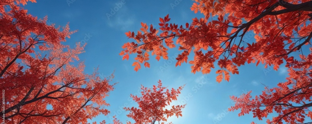 Colorful autumn branches with vibrant red leaves against a bright blue sky, autumn branch, warm colors Colorful autumn branches with vibrant red leaves against a bright blue sky, autumn branch, warm colors