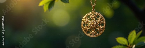 Intricate gold pendant swings gently on thin string , shiny, yellow