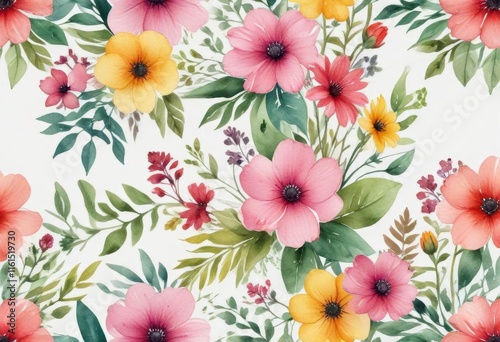 Colorful watercolor flowers arrangement with stems and leaves on a white background,  garden flowers,  floral art