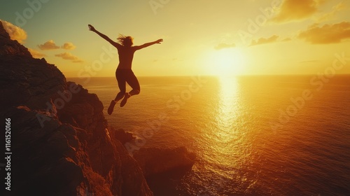 Silhouette of a person with arms outstretched, jumping off a cliff