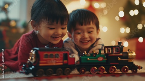 Sister and brother playing with traditional train toy on Christmas Day