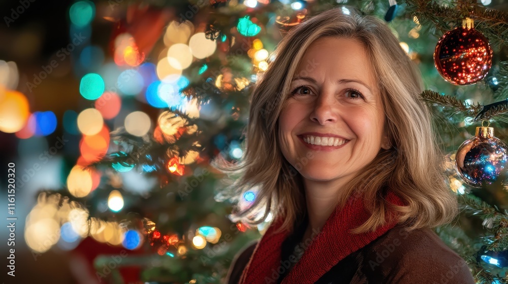 Smiling woman standing under illuminated decorated Christmas tree Smiling woman standing under illuminated decorated Christmas tree