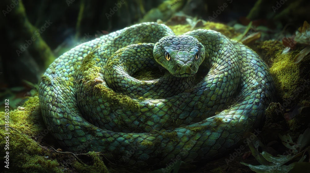 Snake curled in perfect spiral on moss-covered rock, its eyes gleaming in the shadows.