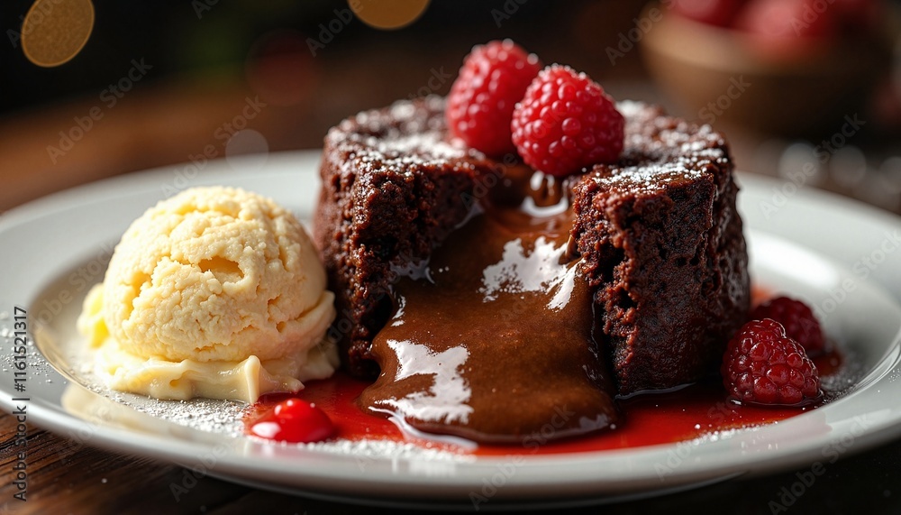 Decadent chocolate lava cake with ice cream and raspberries Decadent chocolate lava cake with ice cream and raspberries