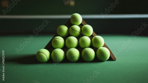 Tennis balls arranged in triangle shape as on billiard game