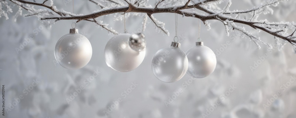Fototapeta premium Delicate glass ornaments suspended from a frosted white branch, vases, frosty