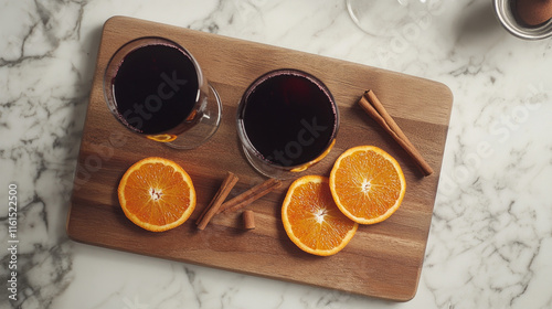 Glass of red wine mulled wine with cinnamon and orange on a cutting board on a table . photo