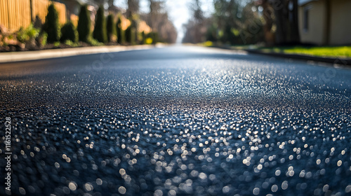 Freshly applied black sealcoat glistens on a newly restored asphalt driveway photo