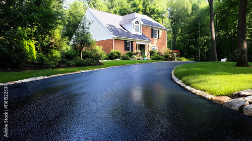 Freshly applied black sealcoat glistens on a newly restored asphalt driveway photo