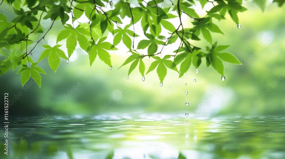 Obraz premium Vibrant green leaves cascading down from a tree branch, framing a serene background.