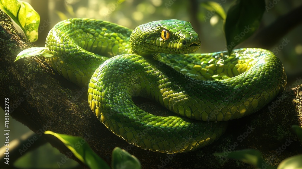 Fototapeta premium Vibrant green snake coiled around a tree branch, with sunlight filtering through leaves.