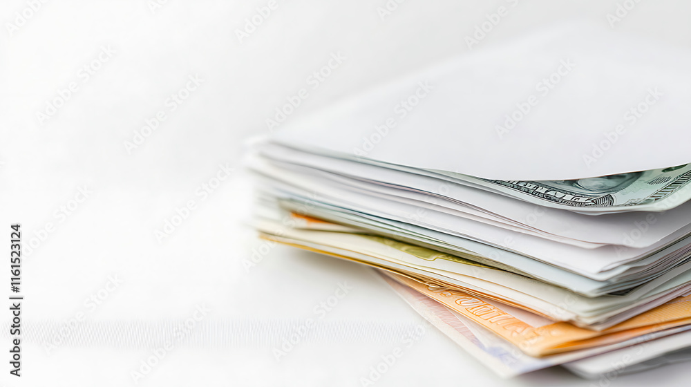 Stack of bank deposit slips and cash on white background, symbolizing finance and transactions Stack of bank deposit slips and cash on white background, symbolizing finance and transactions