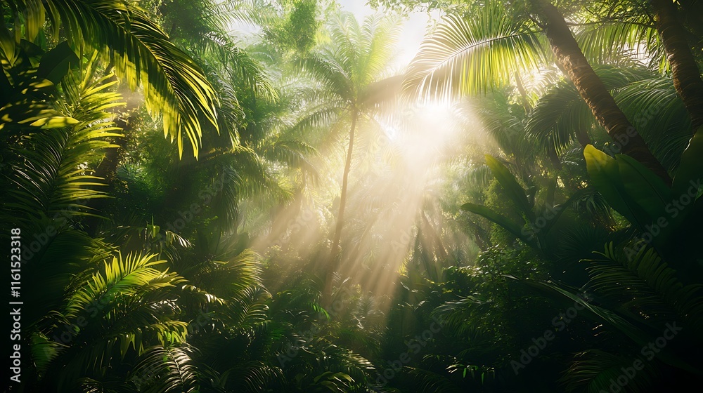 Naklejka premium Sunbeams Illuminate Lush Tropical Rainforest Canopy