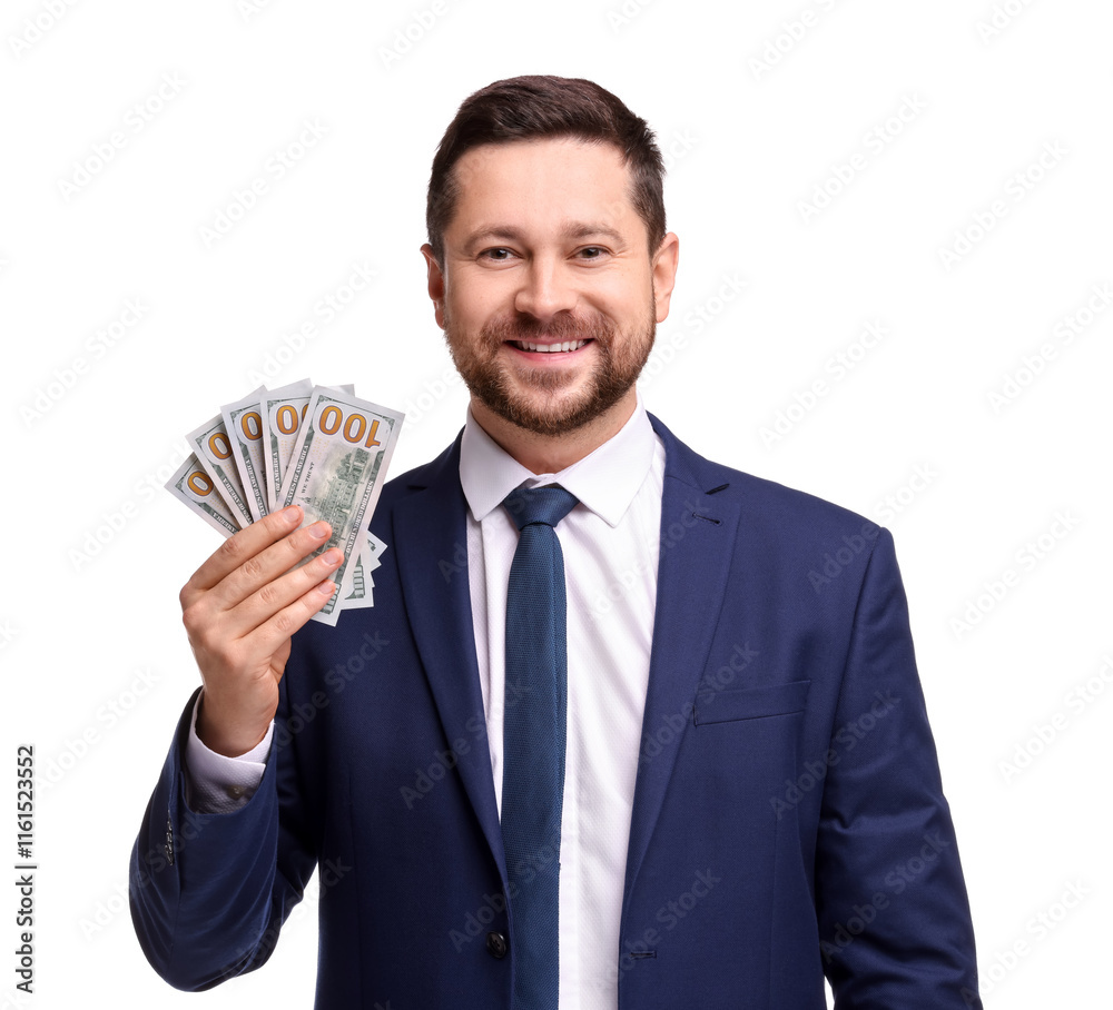 Portrait of banker with dollar banknotes on white background Portrait of banker with dollar banknotes on white background