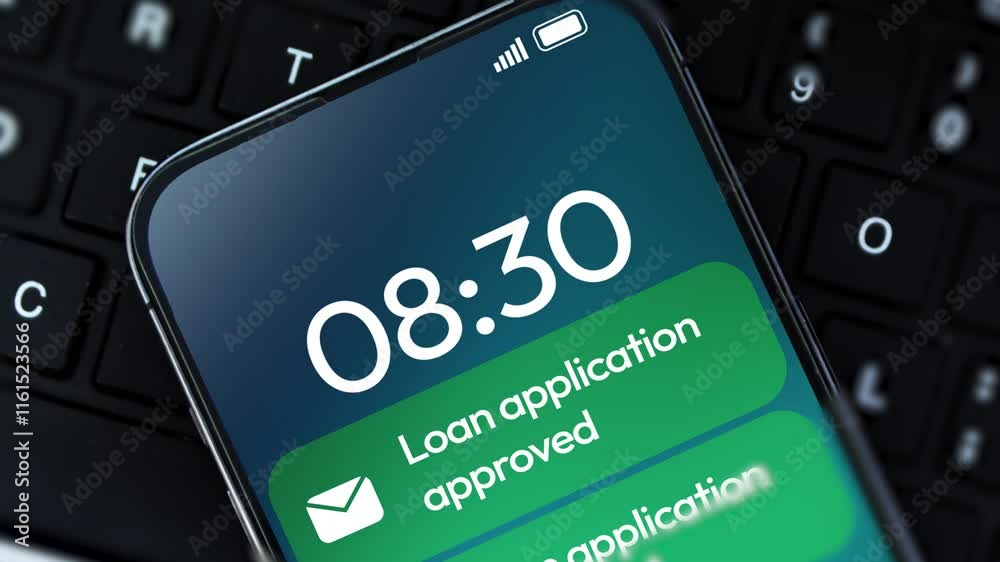 Loan application approved notification appearing on a smartphone screen, 4k animation