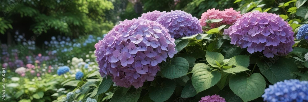 Hydrangea in full bloom amidst lush garden flowers and foliage , natural beauty, green Hydrangea in full bloom amidst lush garden flowers and foliage , natural beauty, green