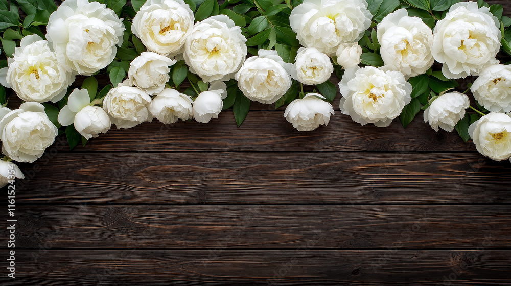 Delicate white peonies on rustic wood, natural beauty Delicate white peonies on rustic wood, natural beauty