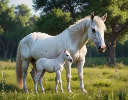 Majestic unicorn mare grazing in a lush meadow with her foal by her side,  animal,  magic