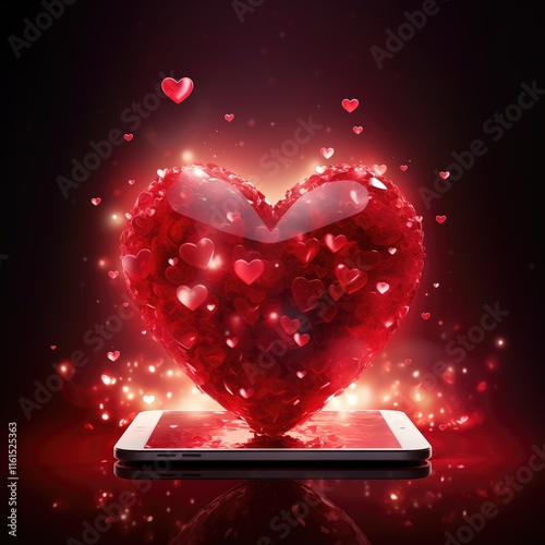 3D red heart overflowing with smaller hearts rising from a smartphone with radiant light effects