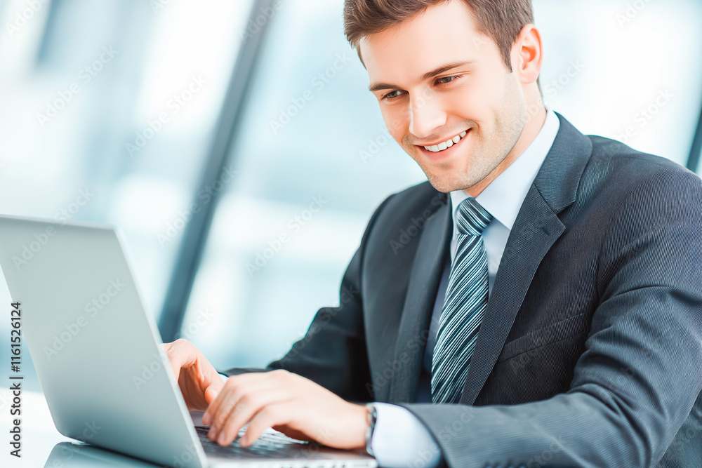 A businessperson in a suit typing on a laptop, smiling confidently. A businessperson in a suit typing on a laptop, smiling confidently.