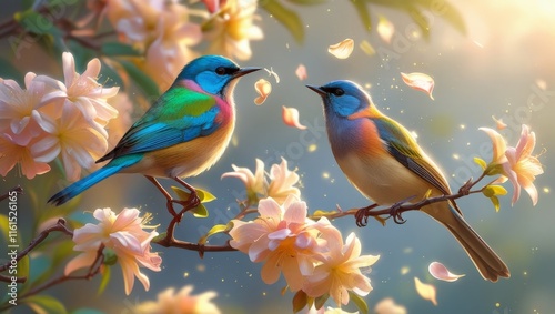 Two colorful birds alight on a blossoming branch and sing songs
