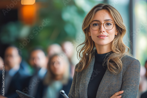 A businesswoman standing with a presentation clicker in hand, addressing a group of professionals