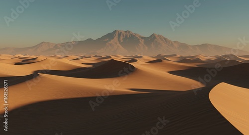 Vast desert landscape.  Sandy dunes and hills.  Majestic mountain range.  Arid sky. photo