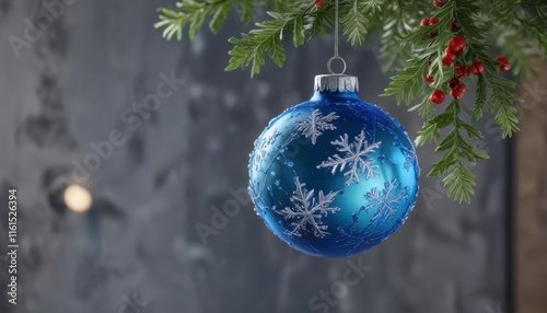 Hanging blue glass ornament with snowflakes and holly ,  background,  holly photo