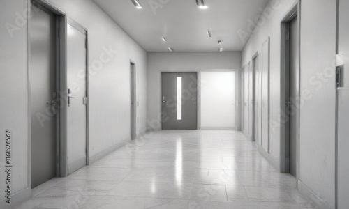 Hazy corridors with white linoleum floors and metal doors,  hospital ,  corridor