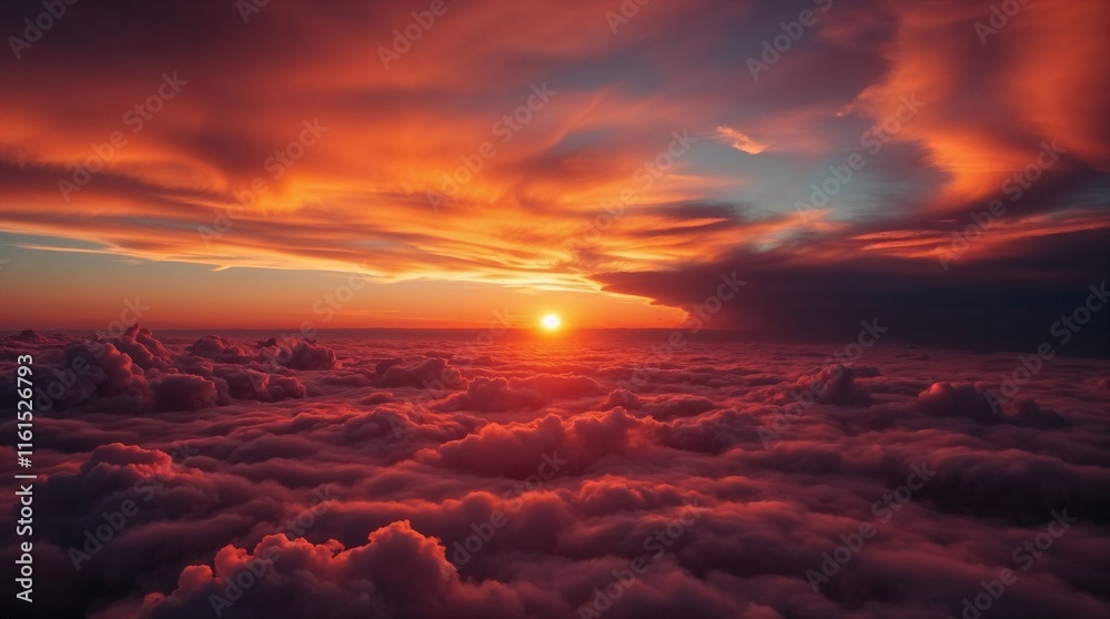 Dramatic sunset above the clouds with tones of red and orange Dramatic sunset above the clouds with tones of red and orange
