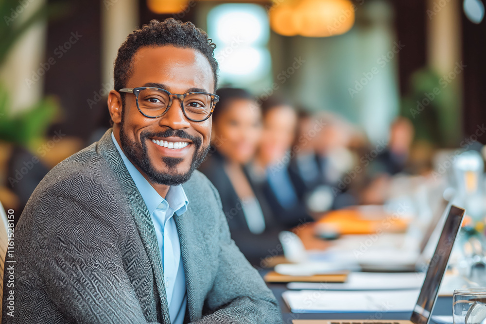 A team leader sitting at a conference table, smiling confidently with paperwork and laptops around A team leader sitting at a conference table, smiling confidently with paperwork and laptops around