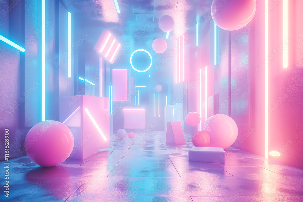 Abstract 3D Shapes Floating in a Futuristic Digital Space with Neon Lighting Abstract 3D Shapes Floating in a Futuristic Digital Space with Neon Lighting