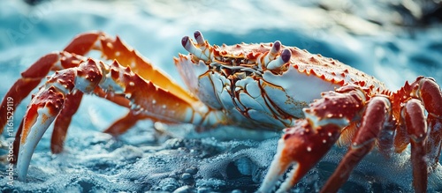 Close-up of a vibrant red and white crab on a rocky shore. photo