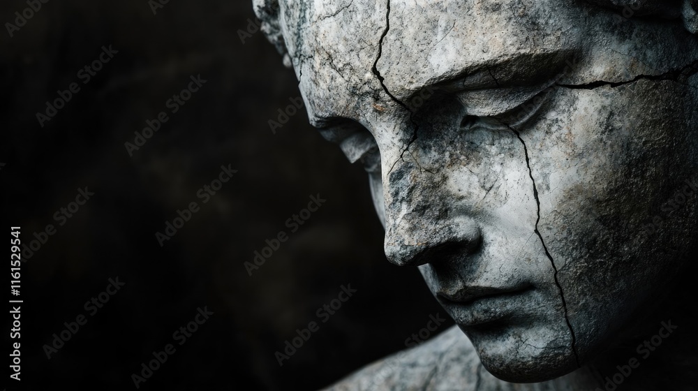 Close-up of a weathered, cracked stone statue's face, showing sadness and age. Close-up of a weathered, cracked stone statue's face, showing sadness and age.