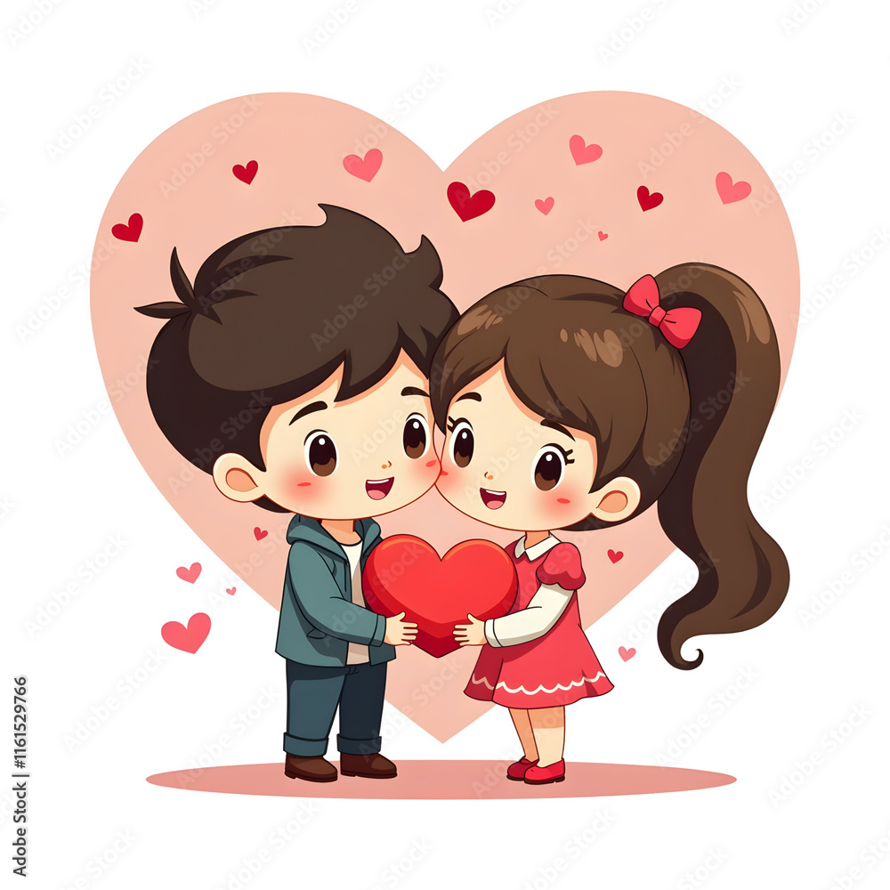 illustration of a couple celebrating Valentine's Day, chibi character illustration of a couple celebrating Valentine's Day, chibi character