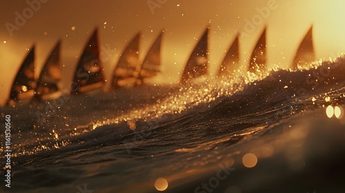 Fototapeta Naklejka Na Ścianę i Meble -  Silhouetted sailboats race across the water at sunset, creating a golden, sparkling wave. Water droplets and bokeh effect add to the dramatic scene.