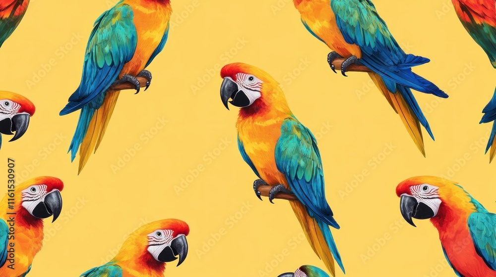 Obraz premium Colorful macaw parrots seamless pattern on yellow background.