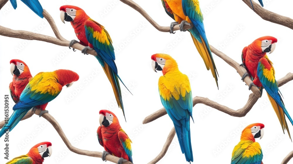 Obraz premium Colorful macaws perched on branches, seamless pattern. (2)