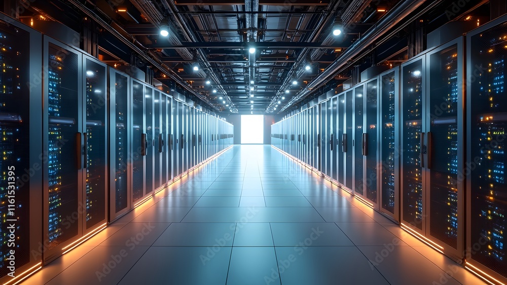 Futuristic High-Tech Data Center, Rows of Humming Servers in Vast Open Space - AI Generated Image Futuristic High-Tech Data Center, Rows of Humming Servers in Vast Open Space - AI Generated Image