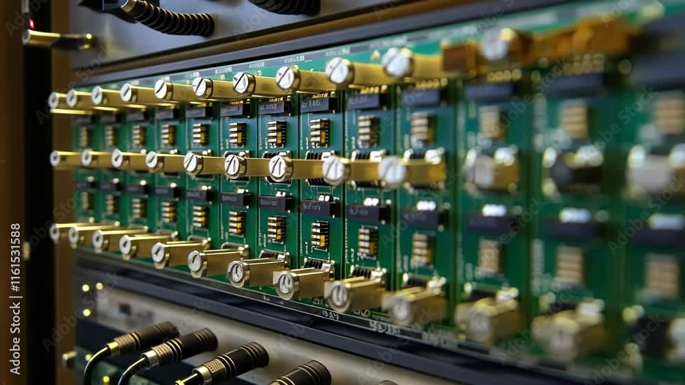 A closeup of a circuit board from an energy management system featuring numerous chips and connections all designed for optimizing energy consumption levels. A closeup of a circuit board from an energy management system featuring numerous chips and connections all designed for optimizing energy consumption levels.