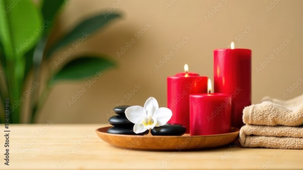 red candles of different sizes, on a wooden plate there are white orchid flowers and black massage stones, next to them there are beige towels, a light wooden table, a beige blurred wall, big plant red candles of different sizes, on a wooden plate there are white orchid flowers and black massage stones, next to them there are beige towels, a light wooden table, a beige blurred wall, big plant