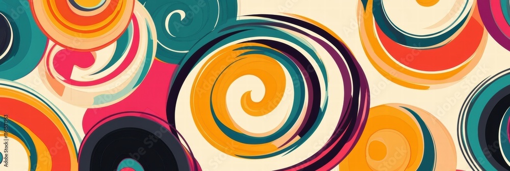 Retro inspired pattern features colorful spirals and curved lines in a vibrant 70s color palette for a lively atmosphere. Generative AI Retro inspired pattern features colorful spirals and curved lines in a vibrant 70s color palette for a lively atmosphere. Generative AI